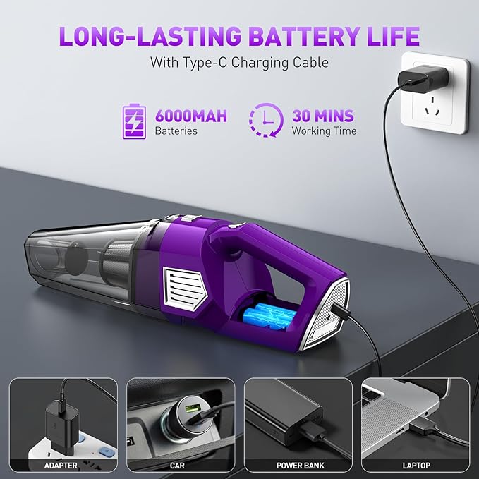Handheld Vacuum Cordless, 15000PA Powerful Suction Car Vacuum Cleaner Lightweight with Multi Accessories, Hand held Vacuum Cleaner Dust Busters Cordless Rechargeable for Car Home