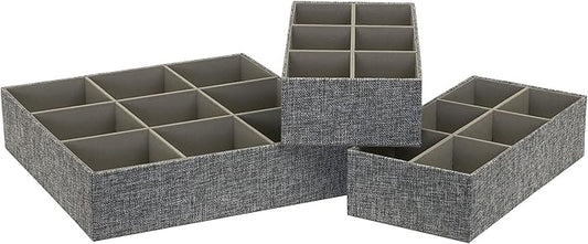 Household Essentials 3 Piece Drawer Organizers Starter Set, Customizable Inserts, Large Tray and 2 Small Trays, Graphite