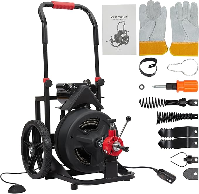 100 FT x 1/2 Inch Drain Cleaner Machine, Auto-feed Electric Sewer Snake, Heavy-duty Drain Auger with 6 Cutter & Air-activated Foot Switch for 1" to 4" Pipes