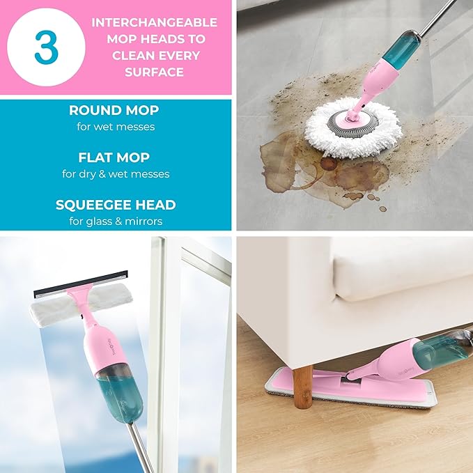 Heavy Duty Spray Mop Kit for Floor Cleaning, Refillable Water Tank, Use Any Cleaning Solution with Machine Washable Pads, Includes Flat Mop Head, Round, Squeegee Head