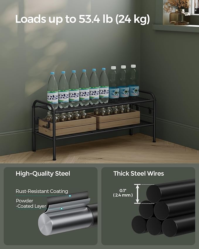 SONGMICS Shoe Rack, 2-Tier Shoe Organizer, Metal Shoe Shelf Storage with 4 Side Hooks, Holds 10 Pairs of Shoes, Height-Adjustable Shoe Rack for Entryway, Hallway, Closet, Easy Assembly, Ink Black