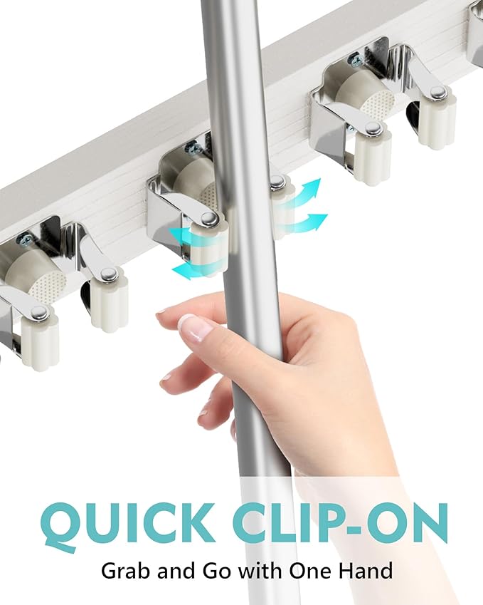 Mop and Broom Holder Wall Mount, No Drill Over the Door Broom and Mop Holder with 4 Slots and 4 Hooks, Wood Tool Hanger for Laundry, Cabinet, Kitchen, Garage