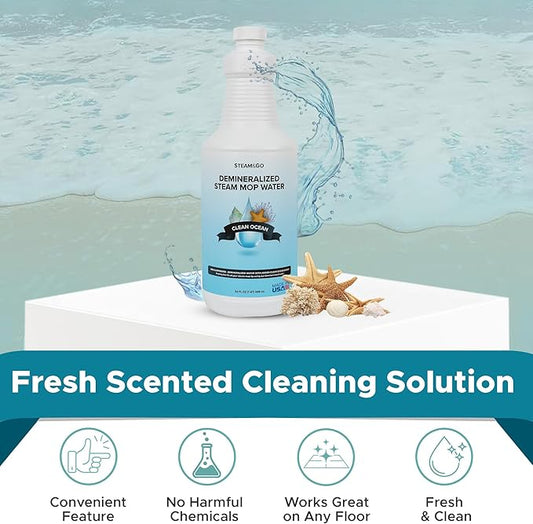 Steam & Go Demineralized Water - Multisurface Cleaner, PVC-Free Ready-to-Use for Mops & Floor Steamers - Ideal for Kitchen, Bathroom, & Home Surfaces - Clean Ocean Scent - 32oz (Pack of 1)