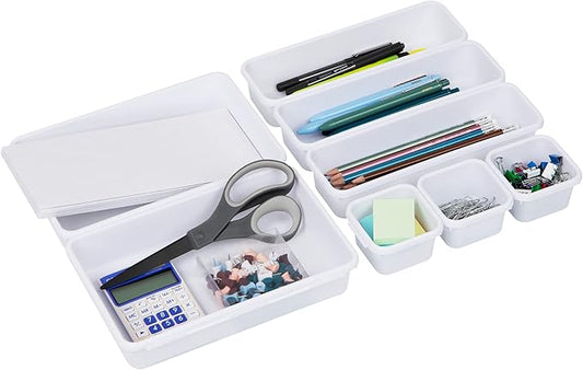 Mind Reader 8-Pc Drawer Organizer, Desk Organizer, Interlocking, Storage, Kitchen, Office, White