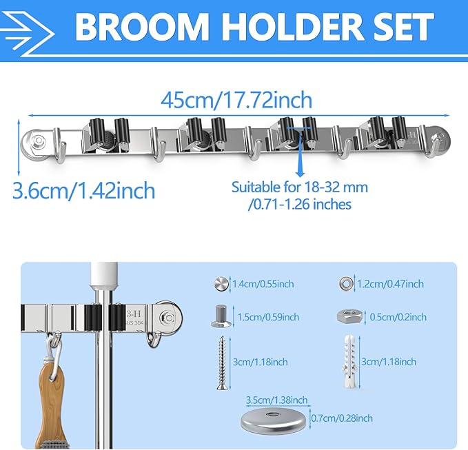 3-H Magnetic Broom Holder Wall Mount 2 Pack, 2-in-1 Dual Mount (No Drill or Screw Fix), 304 Stainless Steel Heavy Duty Magnet Mop Broom Organizer for Kitchen Garden Garage(4 Racks & 5 Hooks,Silver)