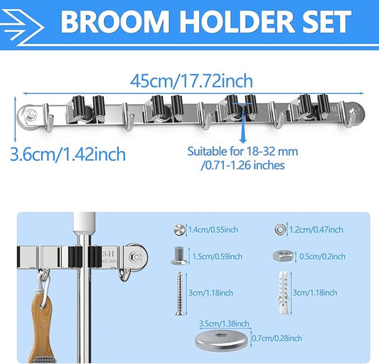 3-H Magnetic Broom Holder Wall Mount 2 Pack, 2-in-1 Dual Mount (No Drill or Screw Fix), 304 Stainless Steel Heavy Duty Magnet Mop Broom Organizer for Kitchen Garden Garage(4 Racks & 5 Hooks,Silver)
