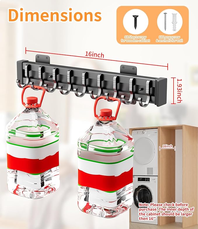 Pull Out Broom Holder With 9 Adjustable Sliding Hook, Multifunctional Slide Broom And Mop Storage/Organizer Garage Organization Hooks, for Closet Laundry - 16.14inch/41cm