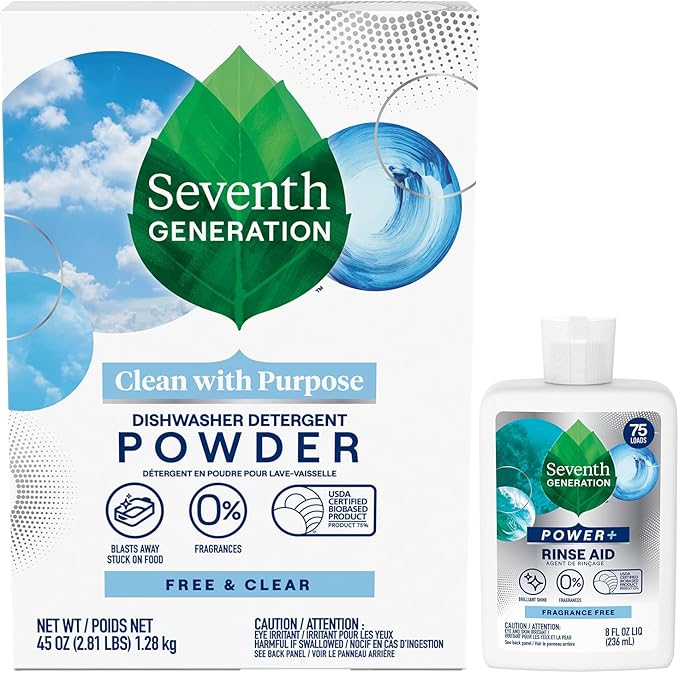 Seventh Generation Dishwasher Detergent Powder + Rinse Aid, Free and Clear, Biodegradable, Plant-Based & Fragrance-Free, Septic Safe