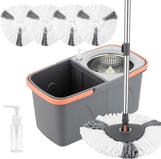 Spin Mop and Detachable Bucket Set with 5 Reusable Microfiber mop Head Dual-Chamber Water System Spining Mop Floor Cleaning Kit for Hardwood Tile Laminate Floors (Gray)