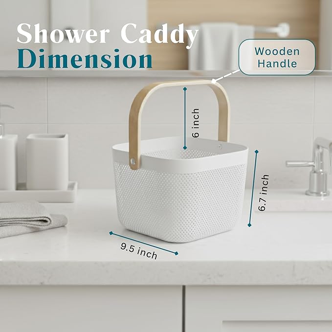 Shower Caddy Portable with Wooden Handle – Plastic Shower Caddy Dorm Basket for Bathroom Storage & Organization, College Essentials
