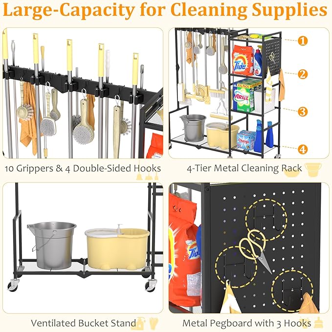 46" H Broom Holder with Cleaning Supplies Organizer, Mop Rack Storage with 4-Tier Shelves, 10 Gripper Clips, 4 Double-Hooks, 3 Hooks, Metal Utility Carts on Wheels for Home Essentials, Black