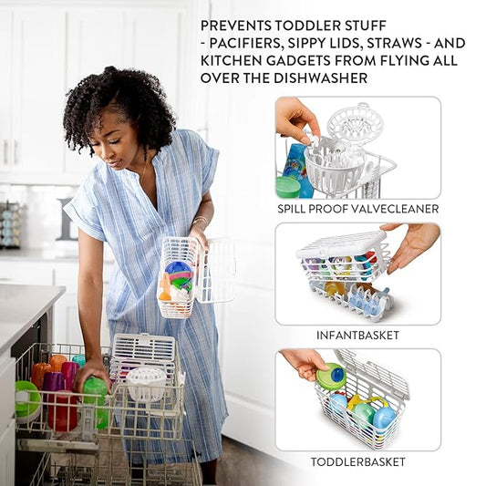 Prince Lionheart Made in USA High Capacity 3-in-1 Dishwasher & Spill Proof Vave Cleaner Basket for Toddlers Bottle Parts & Accessories, Fits All Dishwashers, 100% Recycled Plastic,White (Pack of 6)