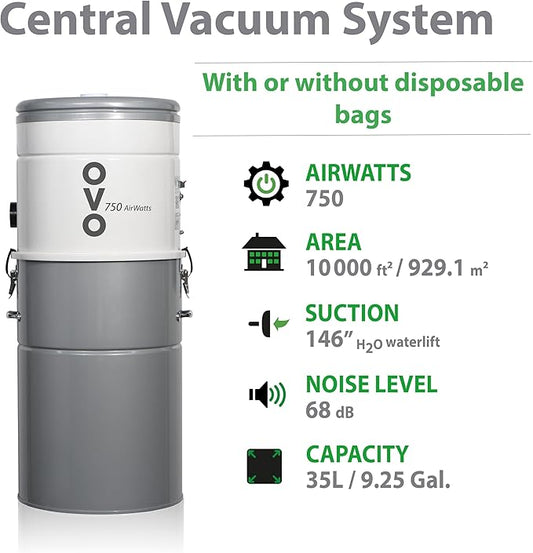 OVO Heavy Duty Powerful Central Vacuum System, Hybrid Filtration (with or Without Disposable Bags) 35L or 9.25Gal, 750 Airwatts with 35ft Deluxe Plus Accessory kit Included