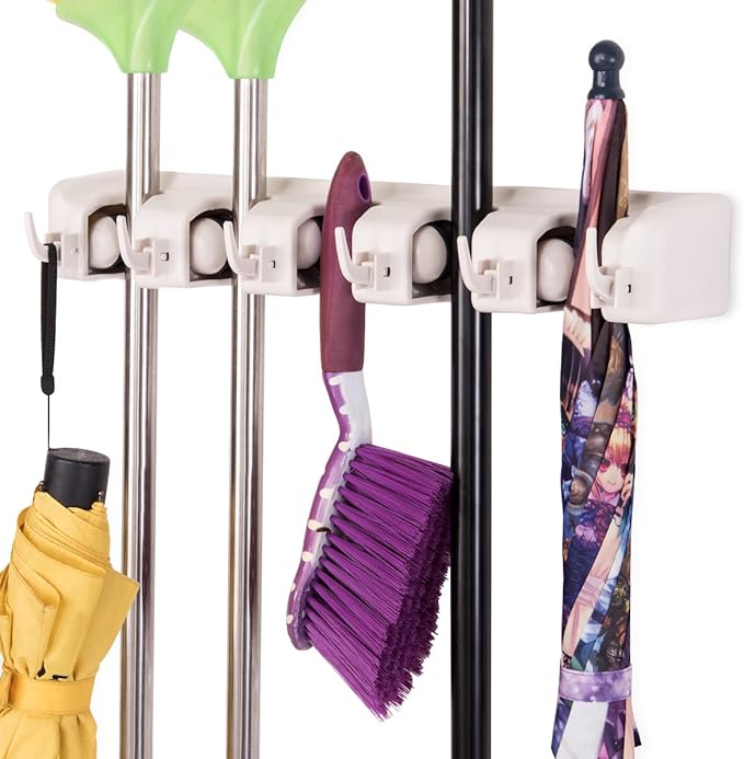 Tangkula Wall Mount Mop Broom Holder, Hanging Broom Organizer w/ 5 Slots & 6 Hooks, Home Storage Organizer Rack, Hanging Utility Rack for Home, Kitchen, Garage, Laundry (White)