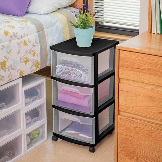 Sterilite 2 Pack Plastic Storage Organizer, 3 Drawer Rolling Bin Cart, Closet Organization, Black
