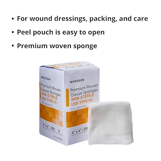 McKesson Premium Woven Gauze Sponges, Non-Sterile, 8-Ply, USP Type VII, 100% Cotton, 4 in x 4 in, 200 per Pack, 1 Pack