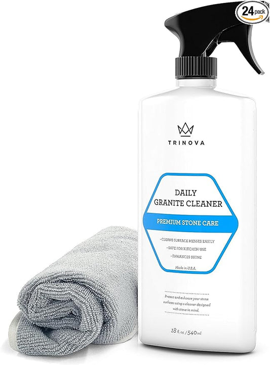 TriNova Granite Cleaner & Polish Gallon Refill for Daily Use - Made in USA, Enhances Shine, Streak-Less - for Counter-Tops, Marble, Stone, Bathroom Tile Kitchen, & Islands - 18 fl oz, 24PK