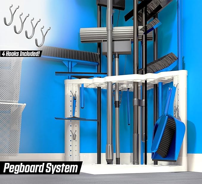 PeerBasics Corner Storage Rack, Home Tool Storage Organization, Up to 35 Tools like Mops Brooms Towels Dust Pan Squeegee, House Closet Garage Garden Yard Plus Pegboard, Polypropylene, Off White
