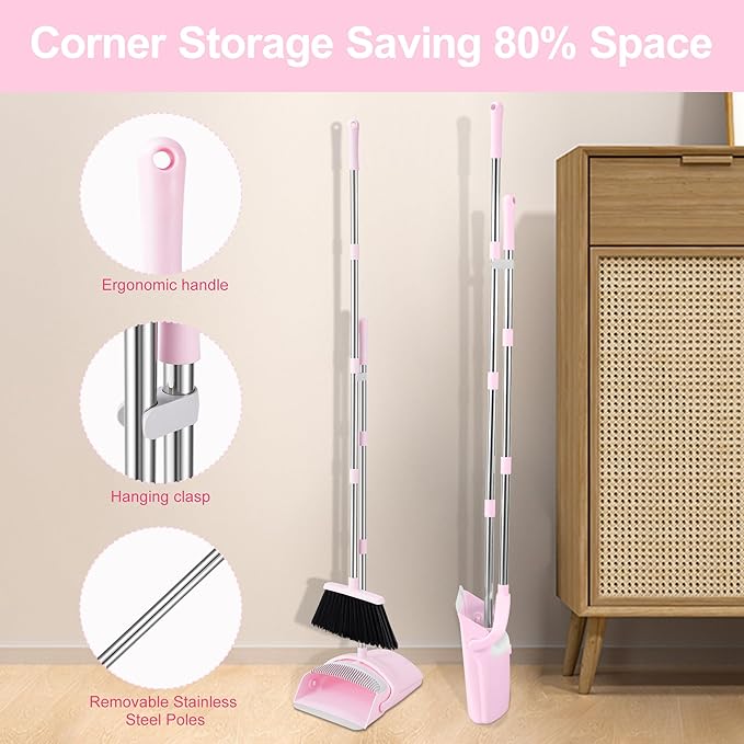 Pink Broom and Dustpan Set, 52” Long Adjustable Handle Broom with Dustpan Combo Set with Dust Pan Teeth to Clean Hair for Home Lobby Office