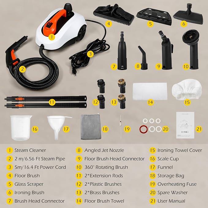 Dyna-Living Steam Cleaner 1800W Steamer for Cleaning 5 Bar Steamer Cleaner for Car Detailing 320°F High Temperature High Pressure Steamer for Carpets Floor with 1.8 L Inner Water Tank