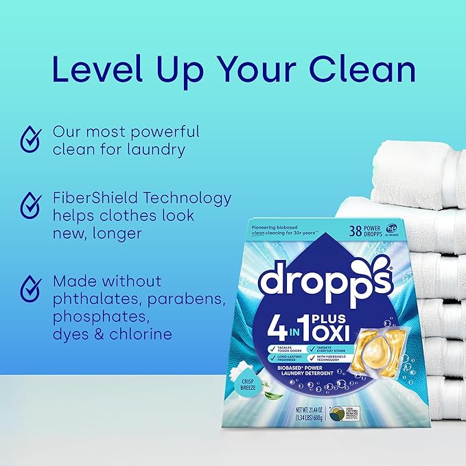 Dropps 4-in-1 Plus Oxi Crisp Breeze Power Biobased Laundry Detergent Pods (38 Pods) - Chlorine-Free Bleach Alternative Biobased Laundry Whitener, Stain & Odor Remover