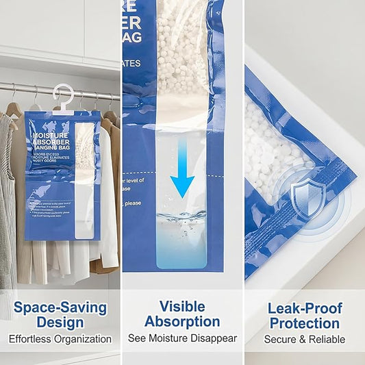 Dehumidifier Bags Hanging Moisture Absorbers - 4 Packs Dehumidifiers for Home Closet Bathroom Basement, Hanging Bag Desiccant Packs for Bedroom RV Camper, Odor Absorber Household Essentials