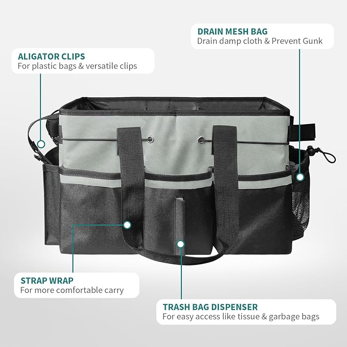 Cleaning Bags for Housekeepers, Large Cleaning Supplies Organizer with Handles & Shoulder Strap, Cleaning Caddy Bag with Foldable Divider for Cleaners, Car Horse Cleaning Bag(Grey)