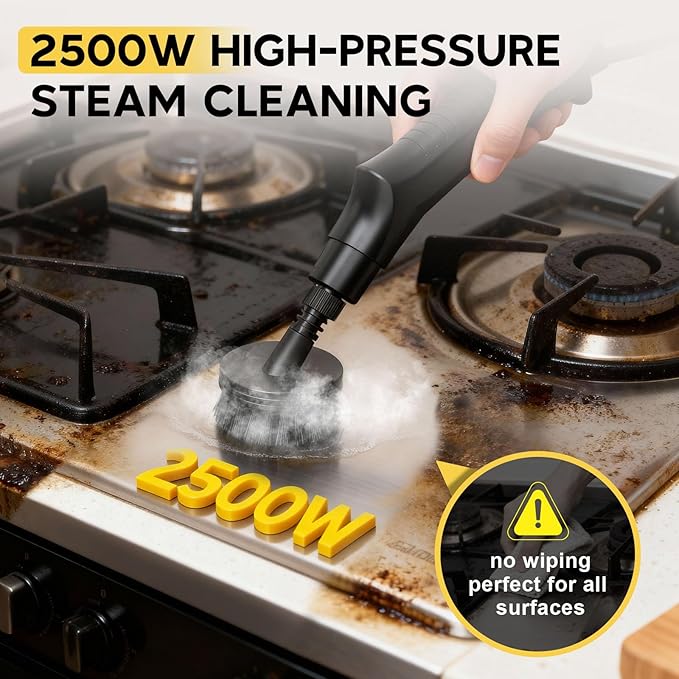 10S Fast Heating Heavy Duty Steam Cleaner 7 Adjustable Levels, 1.6 Quarts Tank, Continuous Spray, Natural Deep Cleaner, Portable Handheld Steamer with 15 Accessories for Home, Car, Tile (Yellow)
