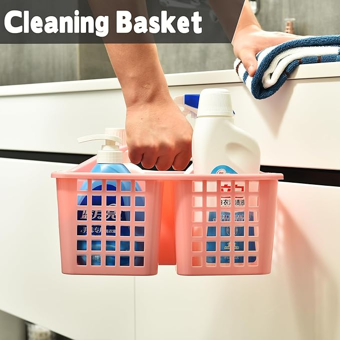Haundry Plastic Shower Caddy Basket with 3 Compartments, Portable Divided Cleaning Supply Storage Organizer with Handle (Pink)