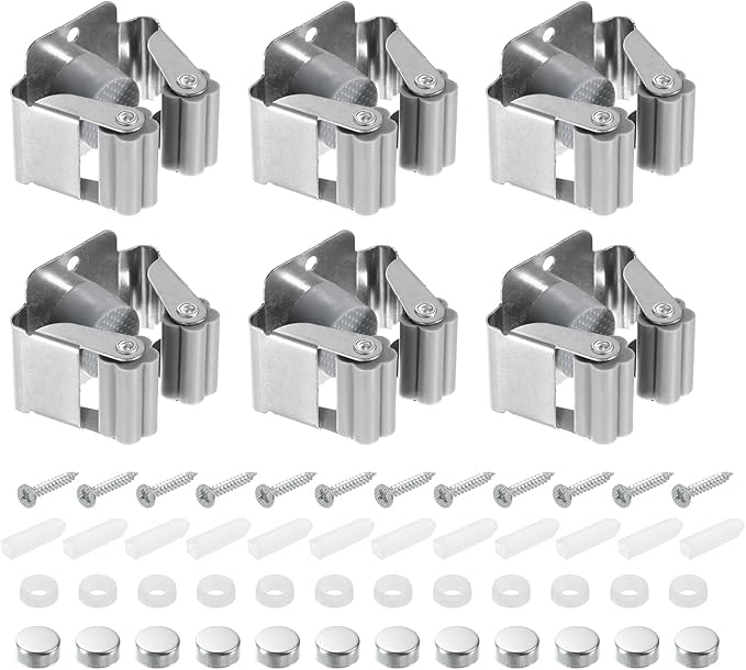 uxcell 12pcs Mop Broom Holder Wall Mount, 304 Stainless Steel Mop and Broom Holder, Wall Mounted Broom Hanger for Bathroom, Kitchen, Office, Grey