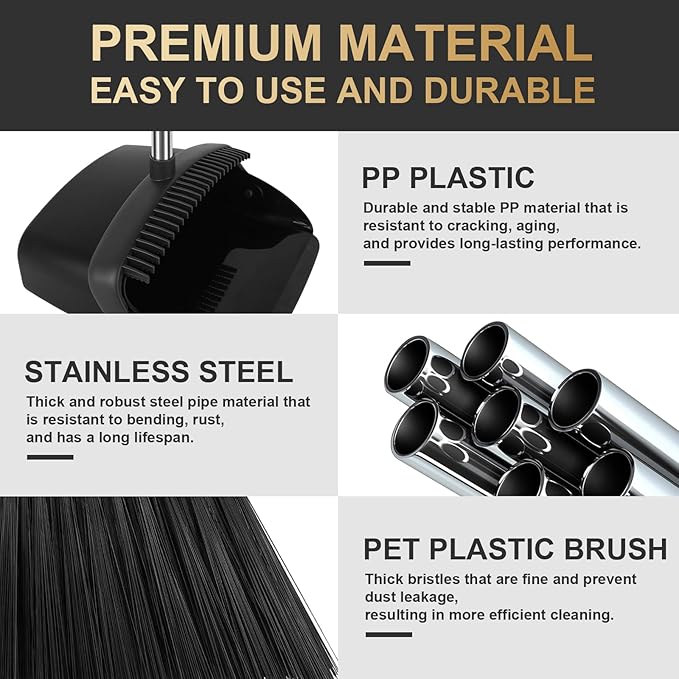 Upgraded Broom and Dustpan Set, 55" Long Handle Black Large Broom with Dustpan Combo Set，Self Cleaning Dustpan for Lobby Kitchen Office Restaurant