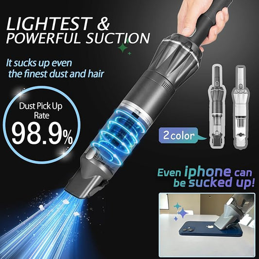 Handheld Vacuum Cordless 25000PA, Super Lightweight 1lb with Powerful Suction, Charging Dock, Car Charger, Single Touch Empty and Detachable Dust Cup, Portable Mini Car Vac, Gray