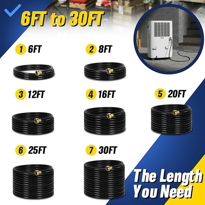 (7 Length Options) Dehumidifier Drain Hose with 3/4 Inch FHT Connector, Featuring Rust-Resistant Brass Fittings for Leak-Proof Connection, Perfectly Compatible with Most Dehumidifier Brands