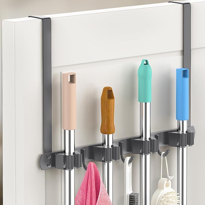 Broom Holder Over The Door-304 Stainless Steel Mop and Broom Holder Wall Mounted or Hanging Over The Door with Hooks - Broom Hanger, Tool Organizer for Garage Closet Laundry Kitchen-Space grey