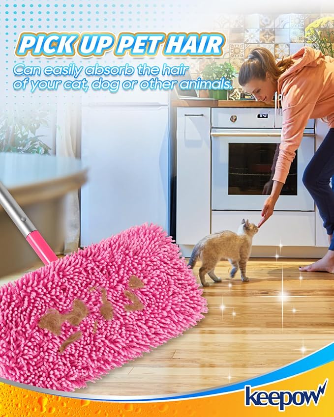 KEEPOW Pink Reusable Dry Sweeping Cloths Microfiber Wet Mop Pads Compatible with Swiffer Sweeper Mop Replacement Sweeping Mopping pad Refills for Hardwood Surface Floor Cleaning (4PCS)