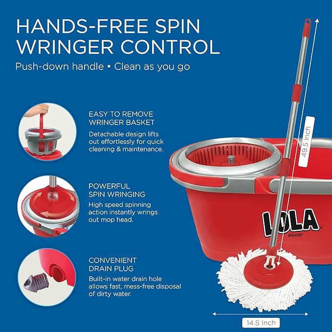 LOLA Revolution Deluxe Spin Mop & Bucket, w/ 3 Microfiber Washable Heads, 1 Pair Microfiber Mop Slippers, Fast Dry, Deep Clean Floors & Hands-Free Wringer, Easy Spin Dry, NO EXHAUSTIVE Foot Pedal