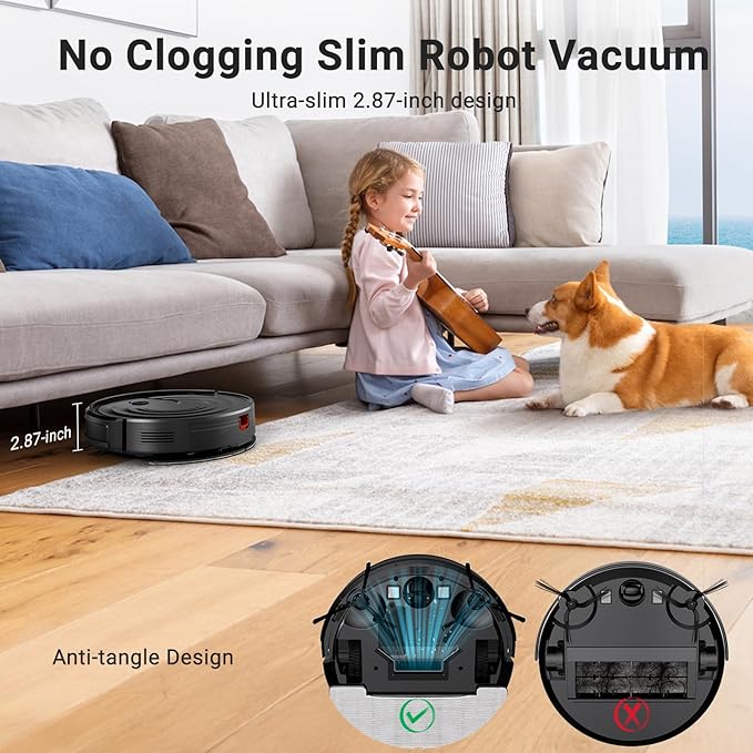 Robot Vacuum and Mop Combo, Robotic Vacuum Cleaner 5000Pa Strong Suction 130 Mins Runtime, Slim, Low Noise, Automatic Self-Charging, Wi-Fi/App/Alexa Control, Ideal for Hard Floor/Low-Pile Carpet