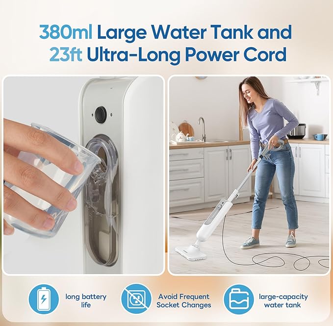 Steam Mop All-in-one Multi-Functional Powerful Steam Cleaner, Handheld Detachable Floor Steamer with 2 Steam Level, SKD5 380ML Water Tank & 23FT Power Cord for Whole Home Use（White）