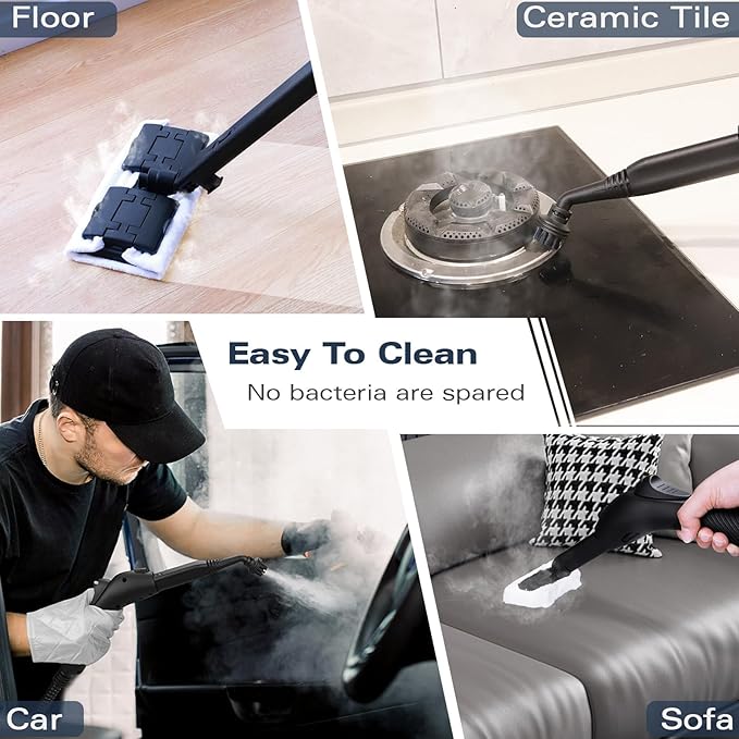 Steam cleaner, complete with 21 accessories, 248 °F high temperature, 1.1 l water tank, suitable for cleaning ovens, carpets, sofas, upholstery, toys and smooth floors.