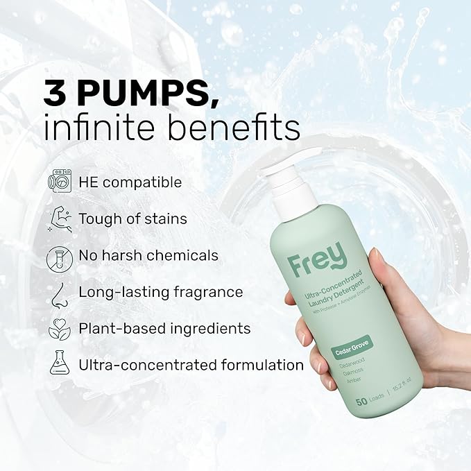 FREY The Complete Package - Concentrated Liquid Laundry Detergent, Fabric Softener, & Dryer Sheets (Cedar Grove)