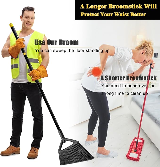 Heavy Duty Commercial Broom, 3 Pack Upgraded Angle Brooms for Sweeping Outdoor and Indoor, Perfect Black Brooms of House, Kitchen, Garage, Courtyard, Concrete
