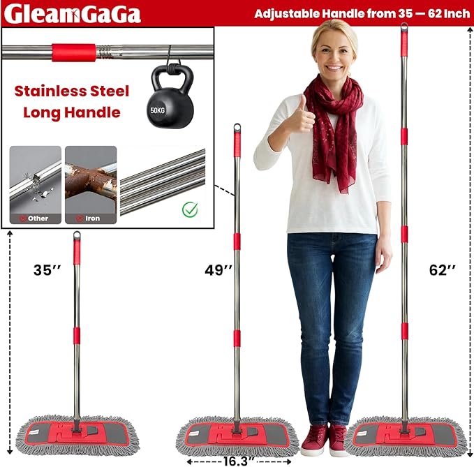 Dust Mop for Floor Cleaning with 4-in-1 Washable Pad System, Wet & Dry Multi-Purpose Mop with Built-In Scraper and Extra-Long 62'' Stainless Steel Handle for Hardwood,Vinyl,Laminate,Tile,Marble Floors