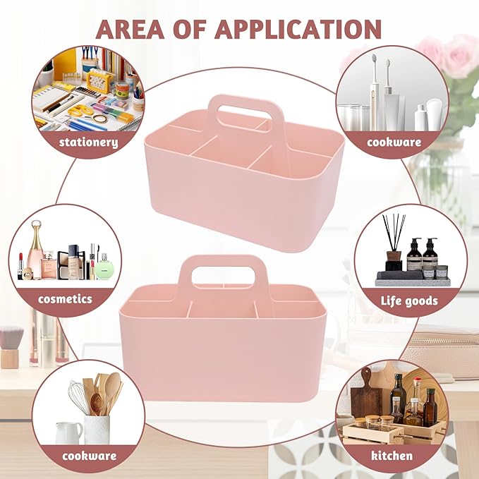 Plastic Portable Caddy with Handle, Pink Bathroom Shower Caddy Organizer, 5 Grid Small Caddies Storage Basket for Makeup, Cleaning, Art Craft, Stationery