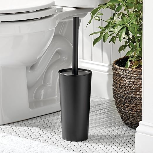 mDesign Metal Freestanding Slim Toilet Bowl Brush and Holder + Rectangle Narrow 5 Liter / 1.3 Gallon Step Pedal Trash Can Wastebasket for Bathroom - Small, Compact Design - Set of 2 - Black