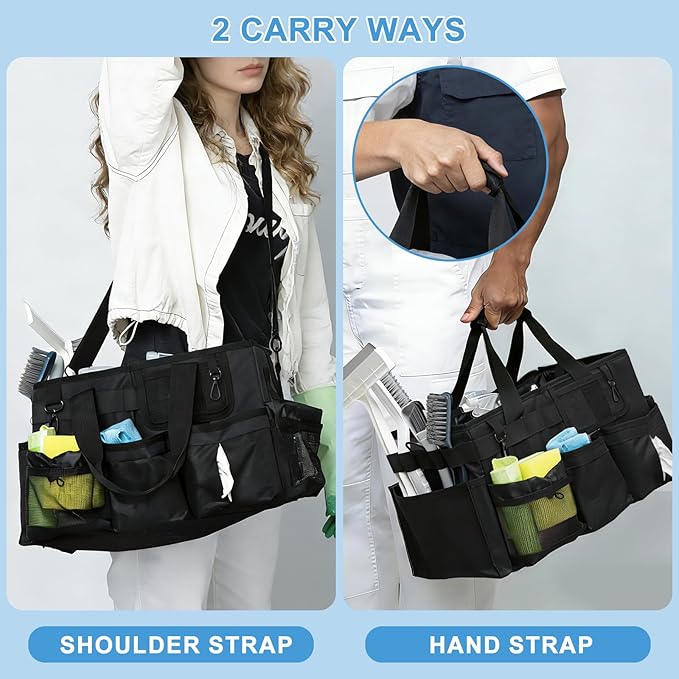 Large Cleaning Caddy Bags, Cleaning Supplies Organizer with Handle & Adjustable Shoulder Straps, 14.7-inch Black Tool Bag, Cleaning Bags for Housekeepers, Cleaners, Gifts