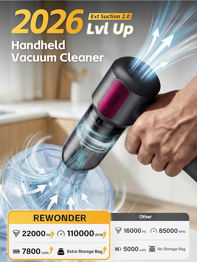 REWONDER Car Vacuum Cleaner High Power, 22000Pa Vacuum Cleaner & 110000RPM Air Duster, Handheld Vacuum with 7800mAh Battery Car Detailing Vacuum, Storage Bag & Multi-Nozzles for Car, Home