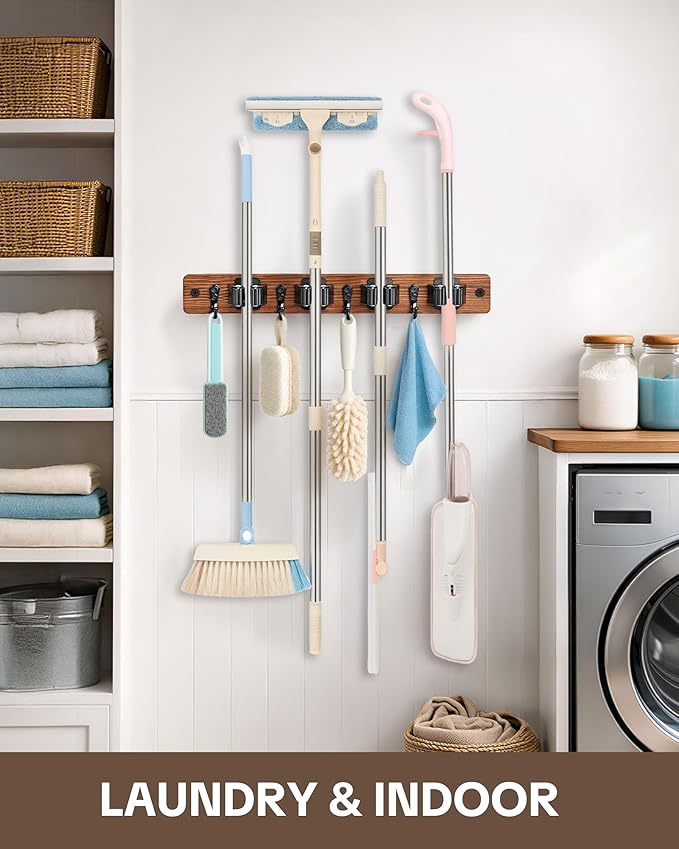 Lorbro 2 Pack Broom Holder Wall Mount, Wooden Broom and Mop Organizer Wall Hanging, Mop Hanger Rack with 4 Slots & 4 Hooks, Tool Organizer for Laundry Room, Closet, Garage, Kitchen