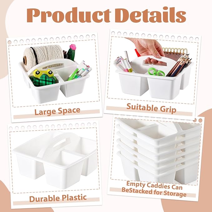 6 Pack Classroom Caddy with Handle Plastic Storage Caddy Organizer with 3 Compartments Desk Caddies Holder Portable Storage Bin for Pencil, Crayon, Marker, Home, Office, School Supplies(White)
