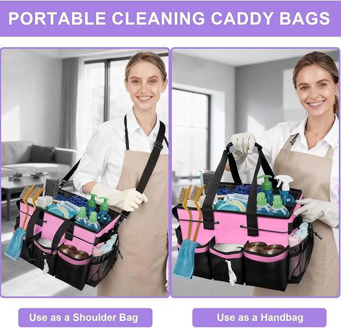 Cleaning Caddy Bag Heavy-Duty Organizer Tote for Housekeepers, Janitors & Home Cleaning Supplies with Adjustable Shoulder Strap & Multiple Pockets (Pink)