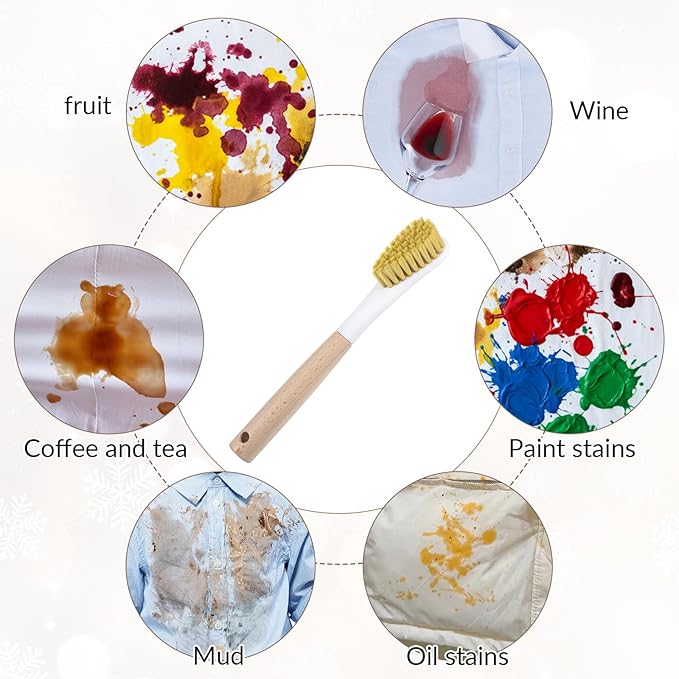 Wood Laundry Stain Brush with Soft Bristle, Stain Remover Brushes with Long Handle for Cleaning Shoes Clothes Fabric, Protable Laundry Scrub Brush for Stains on Clothes(Natural)